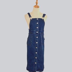 Denim Button-Front Pinafore Midi Jumper Dress